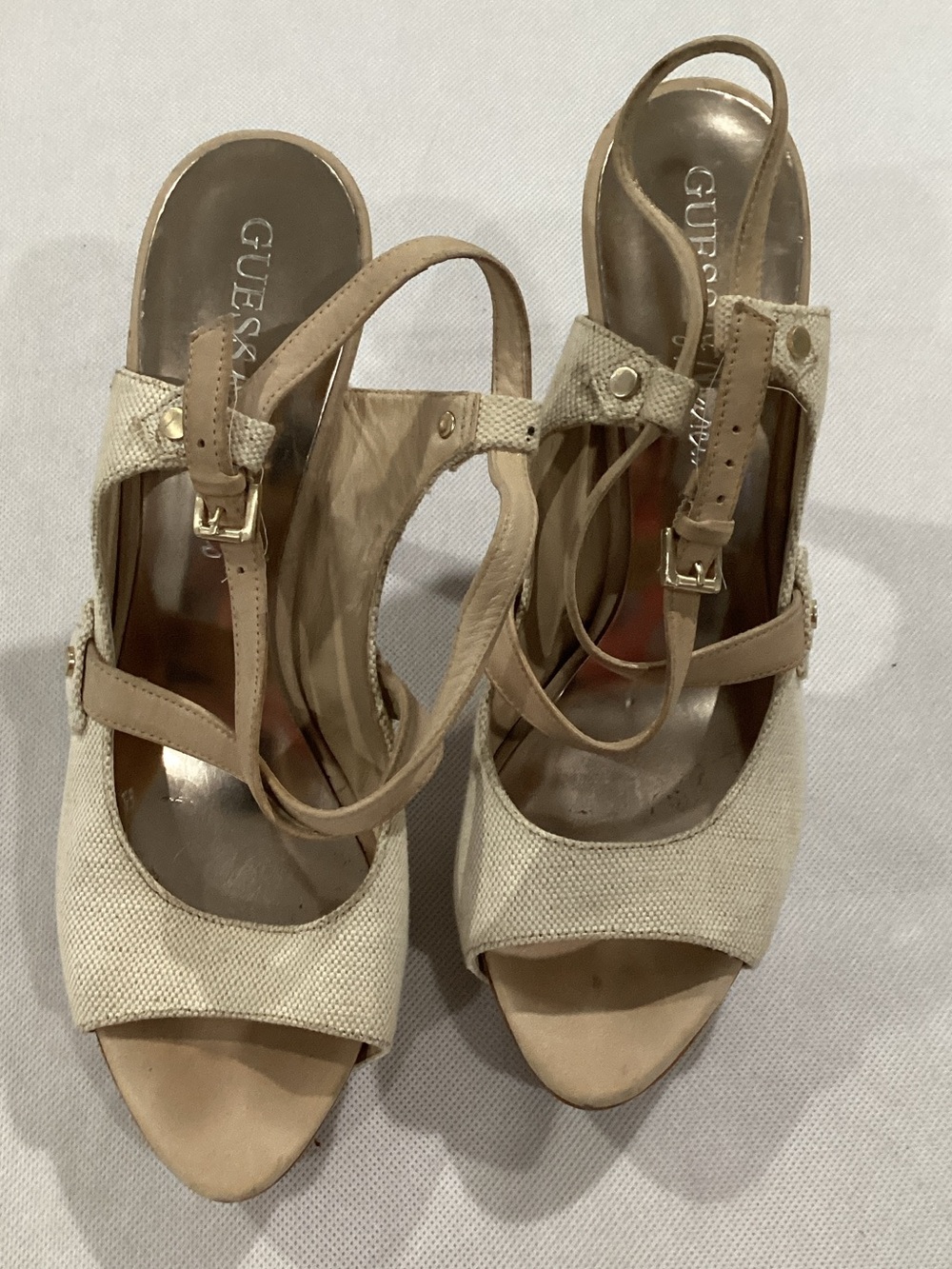 GUESS Neutral Beige Open-Toe Slingback Heels